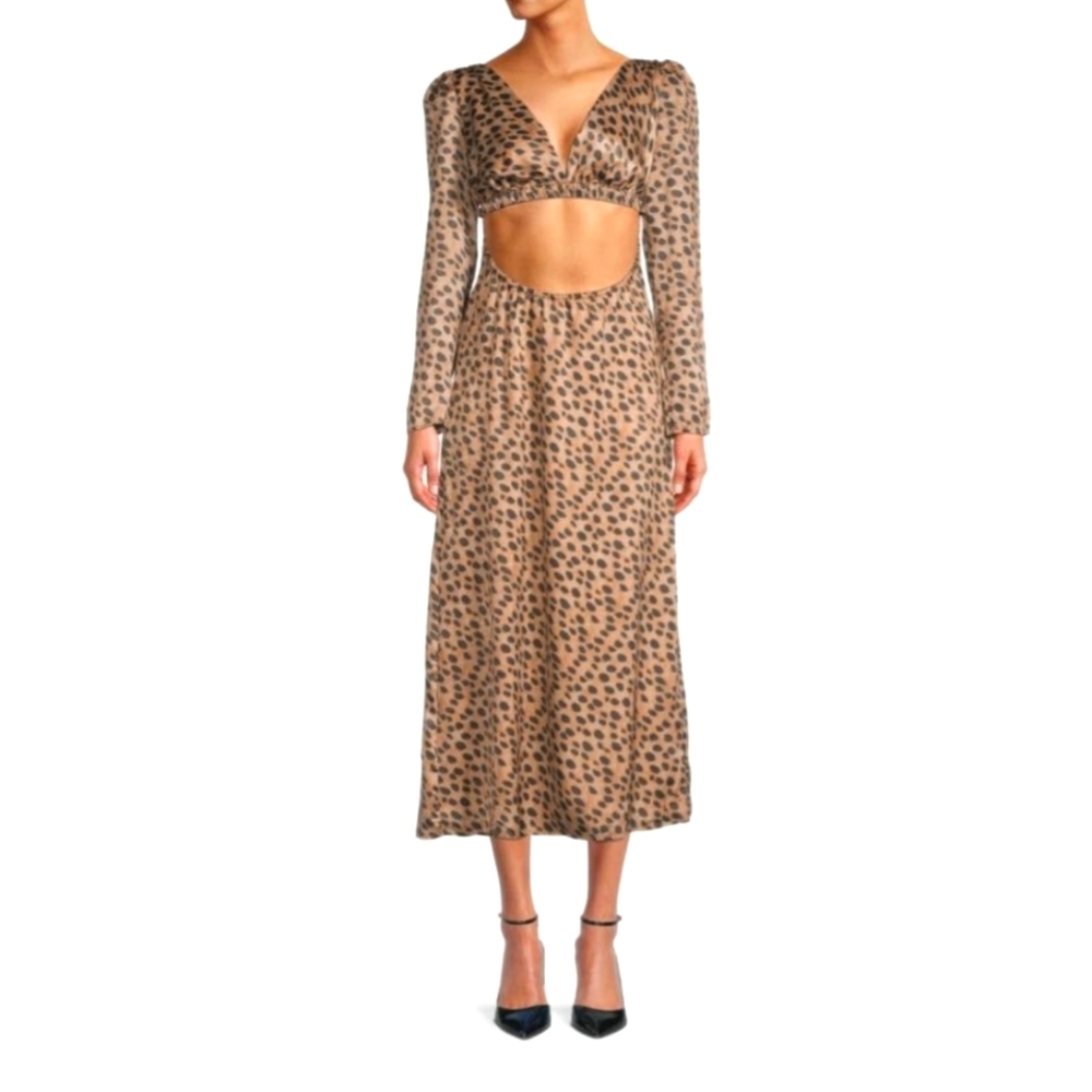 WeWoreWhat Cut Out Satin Leopard Animal Print Midi Dress - Picture 1 of 7